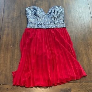Strapless Silver Sequin Dress with Red Pleated Skirt